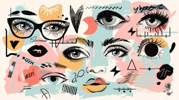 Conjunto de elementos de collage de moda que representan ojos de mujeres y hombres en gafas de estilo medio tono con garabates brillantes de relámpagos y corazones Ilustración moderna