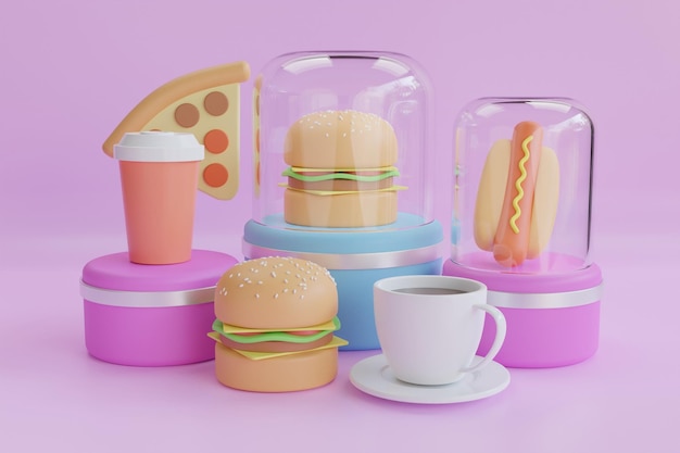Conjunto de elementos de comida rápida de renderizado realista 3d. Alimentos y bebidas. Rebanada de pizza, hamburguesa, taza de café,