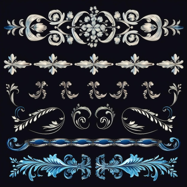 un conjunto de elementos decorativos para el diseño en un fondo negro generativo ai