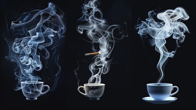 Foto conjunto de elementos de diseño aislados que muestran humo de té, tazas de café, vapor de comida, cigarrillos realistas y senderos de vapor de narguile y bruma de taza sobre fondo negro