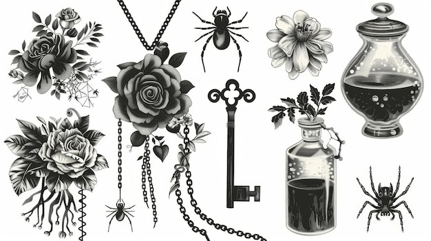 El conjunto de elementos de diseño de brujería viene con flores frascos de veneno llaves negras telas de araña cadenas y colgantes clip art vintage aislado sobre fondo blanco