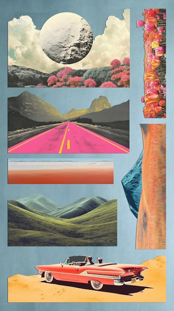 Conjunto de elementos de diseño de collage de paisaje retro