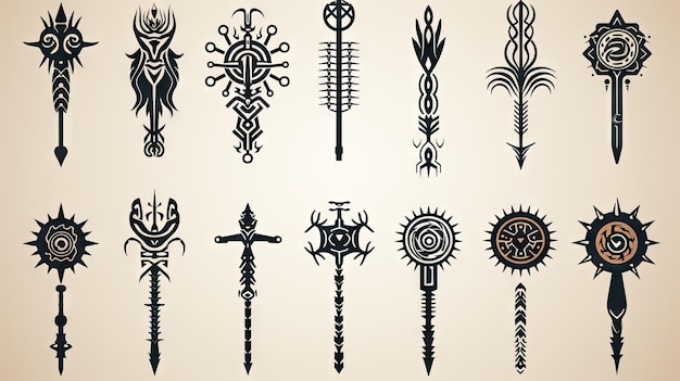 Conjunto de elementos de diseño de espadas vikingas Colección de elementos de tatuaje Ilustración vectorial