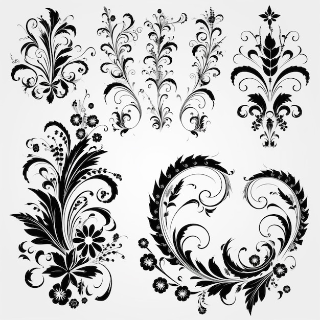 Un conjunto de elementos de diseño floral en ai generativo en blanco y negro