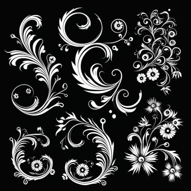 Un conjunto de elementos de diseño floral en un fondo negro generativo ai