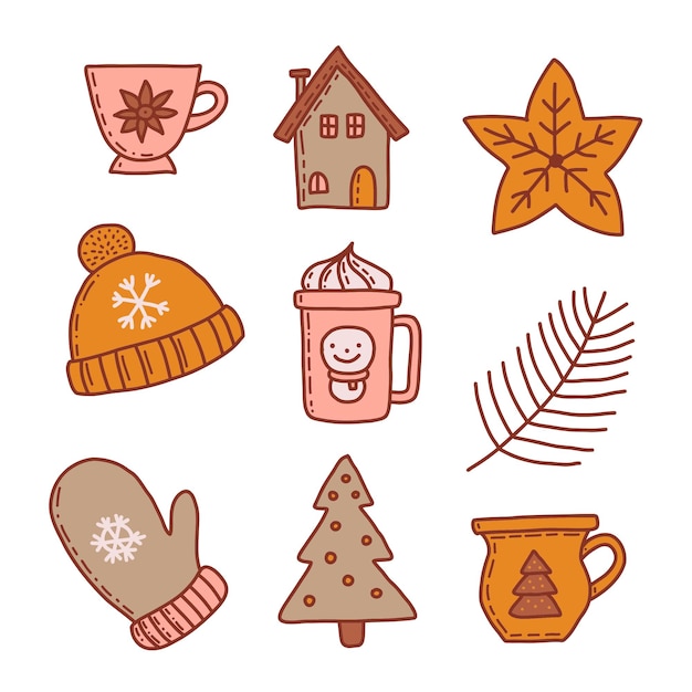 Foto conjunto de elementos de diseño navideño en estilo doodle.