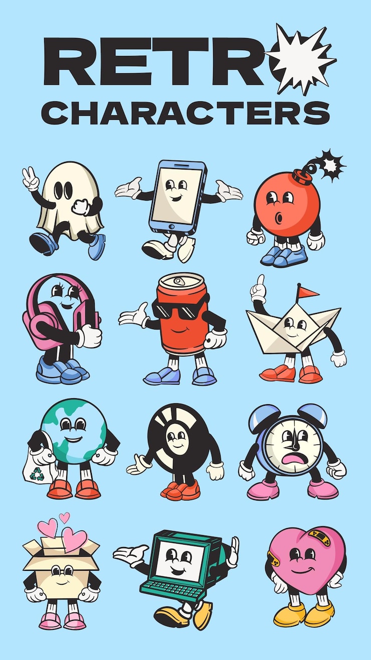 Foto conjunto de elementos de diseño de personajes retro