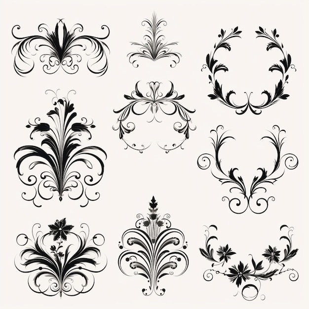 Un conjunto de elementos florales decorativos en blanco y negro generativos ai