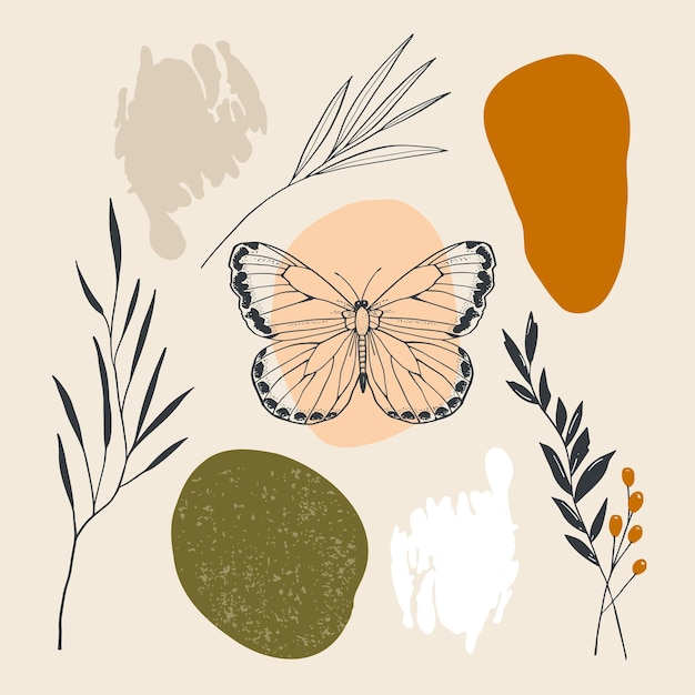Conjunto de elementos florales dibujados a mano y mariposas Ilustración vectorial para su diseño en estilo boho