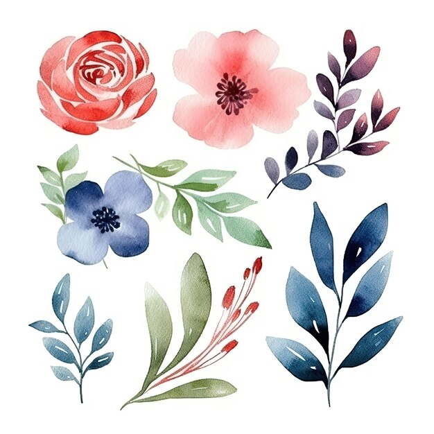 Un conjunto de elementos de flores y plantas de acuarela aislado sobre fondo blanco.