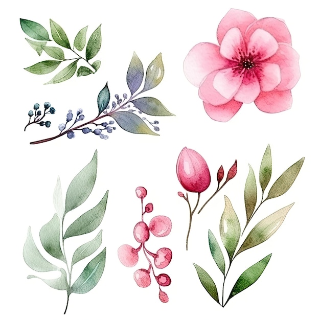 Foto un conjunto de elementos de flores y plantas de acuarela aislado sobre fondo blanco.
