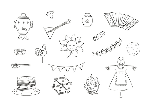 Un conjunto de elementos de garabateo del día del panqueque Ilustración vectorial de iconos del tradicional
