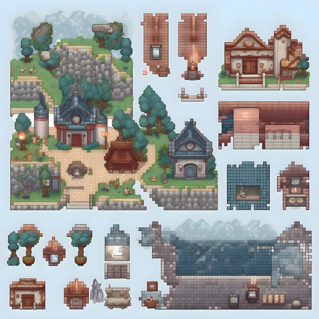 Conjunto de elementos del juego Colección de edificios y casas pixeladas.
