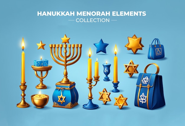 Foto conjunto de elementos de la menora de hanukkah