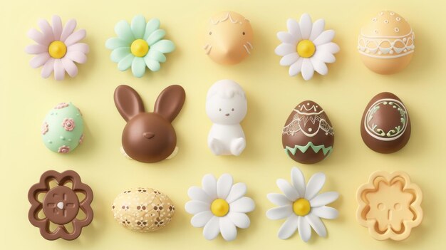 Conjunto de elementos de Pascua 3D aislados en fondo amarillo claro Incluidos conejitos de chocolate pintados huevos de Pascua flores y toallas redondas de encaje