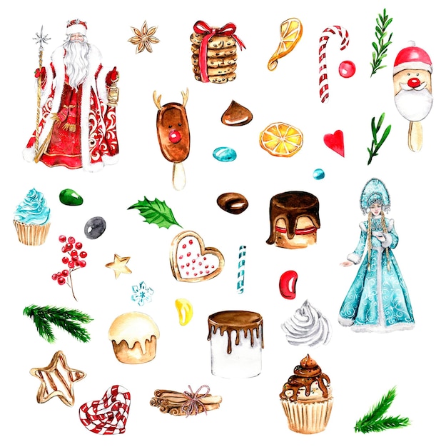 Conjunto de elementos para regalos de Navidad cupcake cakecookiesfir ramas