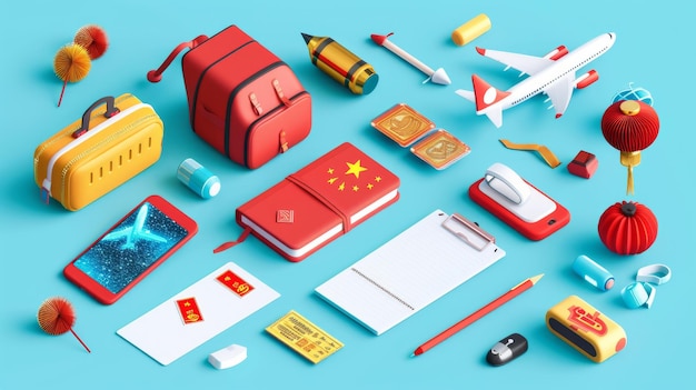 Un conjunto de elementos de viaje ilustrados para el año nuevo chino aislados sobre un fondo azul claro El conjunto incluye boletos de teléfono, bloc de notas de avión, petardos, oro, mochila y maleta.