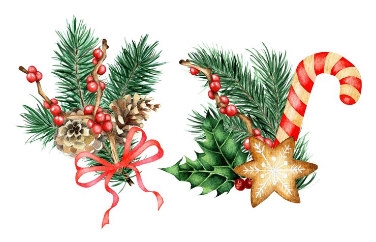 Foto conjunto em aquarela de ilustração de decoração de natal e ano novo