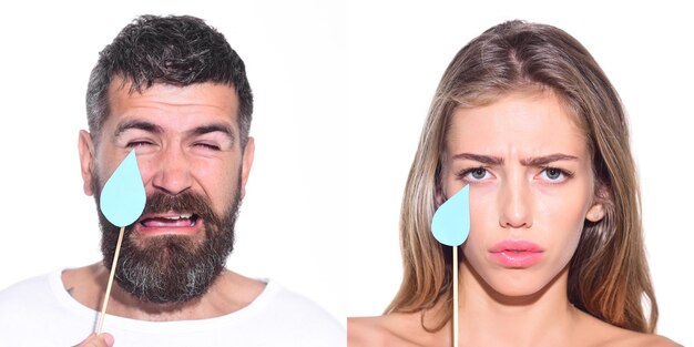 Conjunto de emociones de niña bonita y hombre barbudo collage de emociones diferentes emociones emoji conjunto llorando