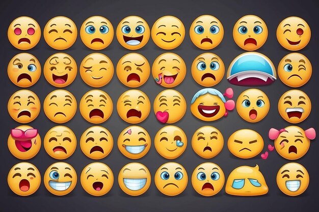 Conjunto de emoticones emoji con estado de ánimo triste y feliz