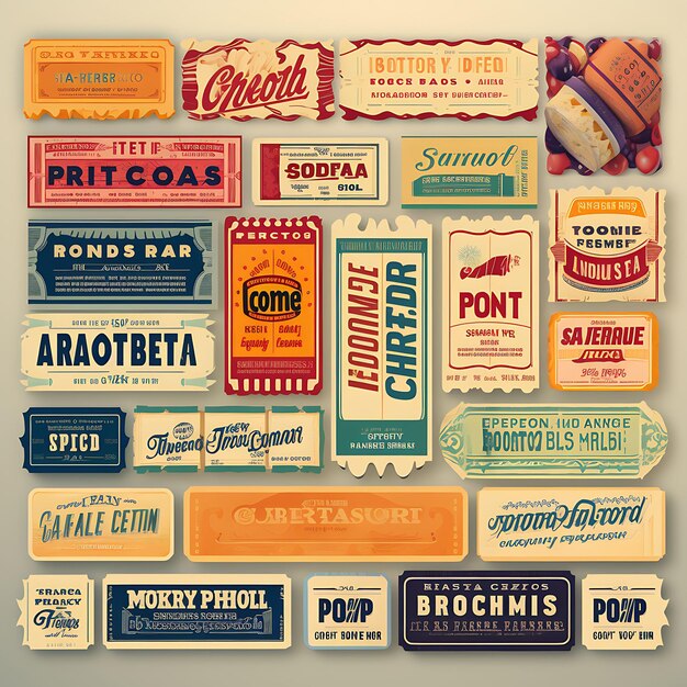 Foto un conjunto de entradas diseño 2d con marco de estilo vintage vector embalaje de etiqueta de color plano creativo