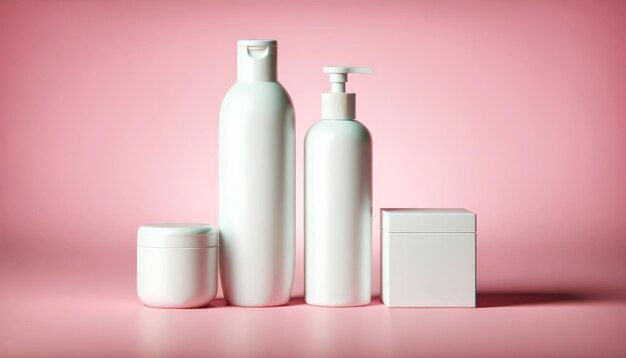 Foto un conjunto de envases cosméticos blancos en blanco sobre un fondo rosa suave adecuado para marcas y maquetas de diseño ia generativa