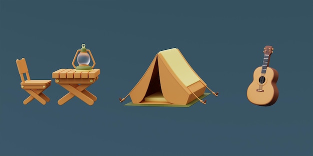 Conjunto de equipo de camping con carpa, mesa de madera, farol y guitarra aislado sobre fondo azul, concepto de vacaciones de vacaciones. Estilo minimalista. Representación 3d.