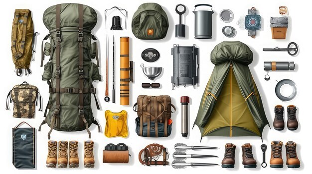 Conjunto de equipos para acampar, hacer senderismo y escalar