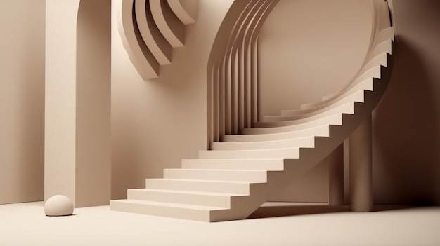 Un conjunto de escaleras con un diseño curvo y una ventana redonda.