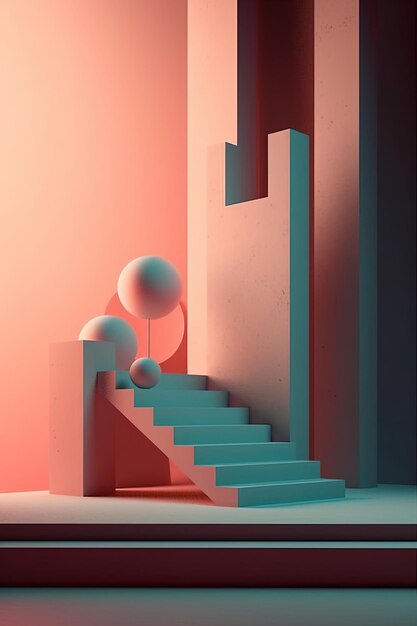 Un conjunto de escaleras con un fondo rosa y azul.