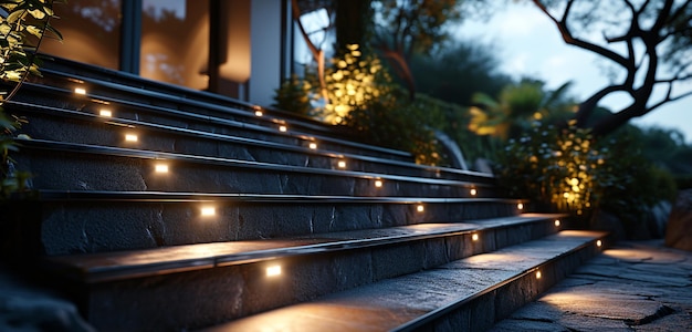 un conjunto de escaleras con luces en él