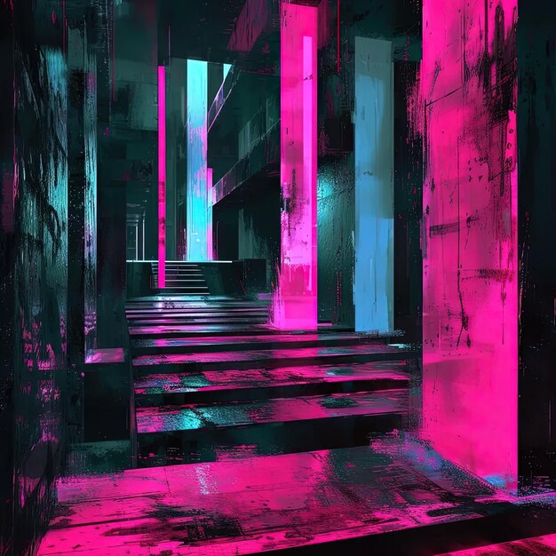 Foto un conjunto de escaleras con pintura rosa y azul en ellos