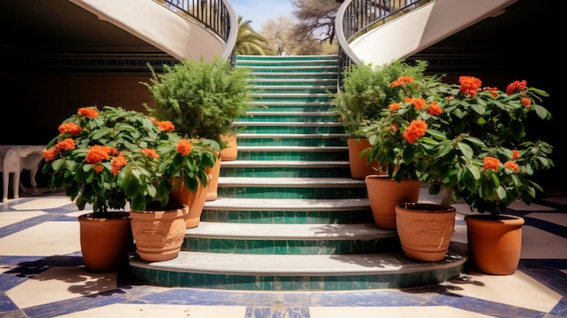 un conjunto de escaleras con plantas en ellas