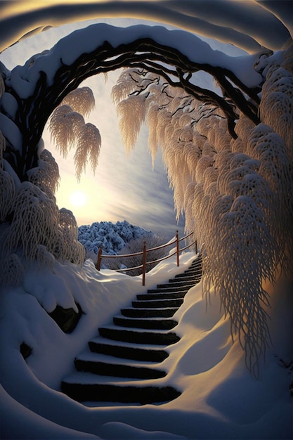 Conjunto de escaleras que están cubiertas de nieve generativa ai
