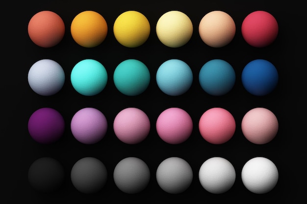 Conjunto de esferas realistas coloridas con textura de tela en fondo negro renderización 3D