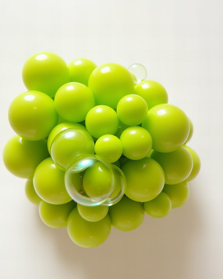 Foto conjunto de esferas verdes y burbujas iridescentes