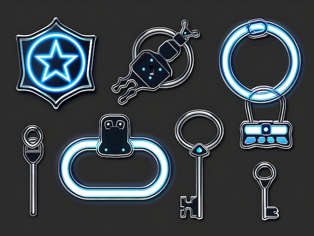 Conjunto de esposas Pixel Item con diseño de policía y llaves y insignia W Game Asset Tshirt Concept Art