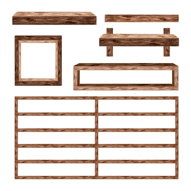 Conjunto de estanterías y estanterías de rack con tabla de textura de madera colgada para la pared dibujada a mano