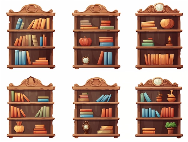 Un conjunto de estanterías llenas de libros y flores de diferentes maneras Ilustración aislada