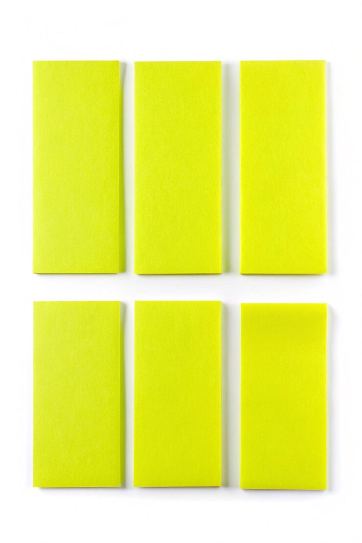 Foto un conjunto de etiquetas adhesivas de papel rectangular de color amarillo neón fluorescente aisladas sobre un fondo blanco