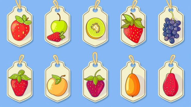 Un conjunto de etiquetas para frutas y bayas sobre un fondo azul Etiquetas con dibujos de frutas Una plantilla para su producto Ilustración