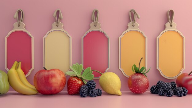 Un conjunto de etiquetas para frutas y bayas sobre un fondo rosa Etiquetas con dibujos de frutas Una plantilla para su producto Ilustración