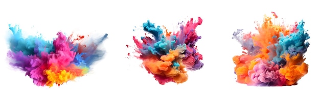 Conjunto de explosión abstracta de polvo de colores salpicaduras de pintura de colores elemento para el diseño aislado en fondo blanco y transparente ai generar