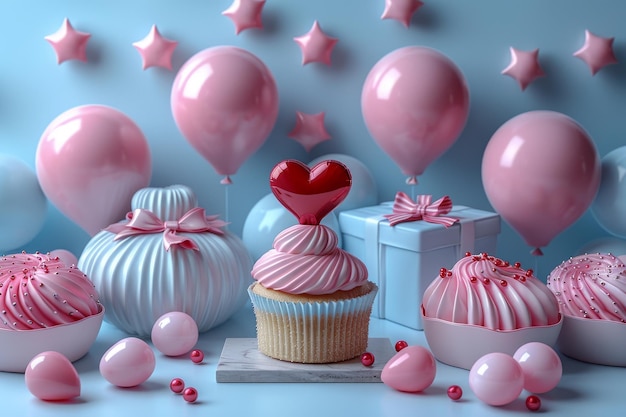 Conjunto de felicidades de cumpleaños decoraciones de vacaciones 3D objetos modernos realistas globos corazones estrellas pasteles pasteles cajas de regalos