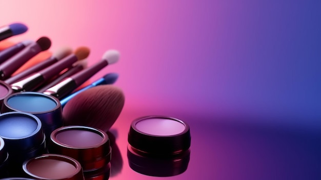 Conjunto femenino de glamour Fondo de varios pinceles de maquillaje cosmético ai generativo