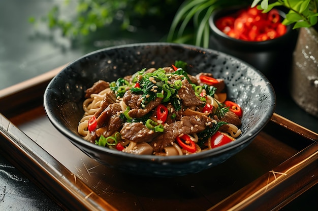 Foto conjunto de fideos coreanos de carne de res con set de setas y pimienta 2