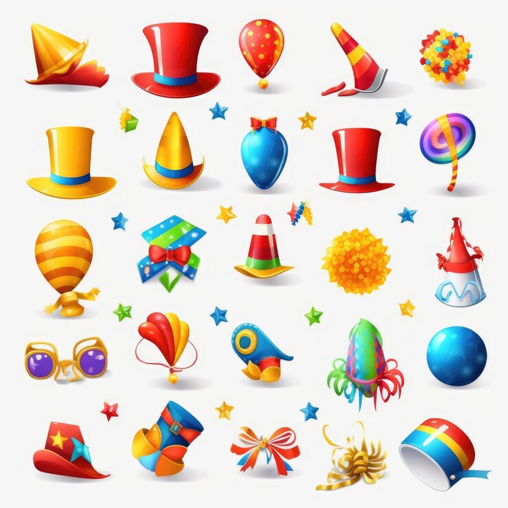 Foto conjunto de fiesta de celebración sombrero máscara regalos globo ia generativa