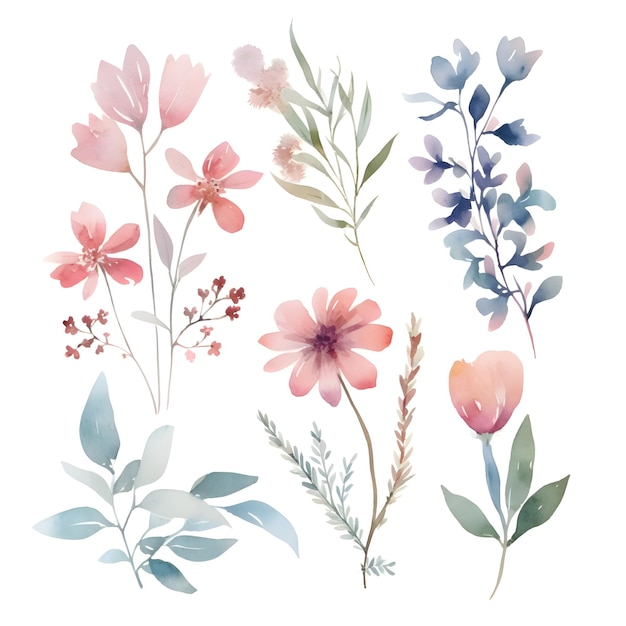 Foto conjunto de flores de acuarela con elementos florales dibujados a mano ilustración vectorial