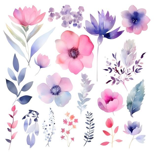 Conjunto de flores de acuarela Elementos florales pintados a mano Ilustración vectorial