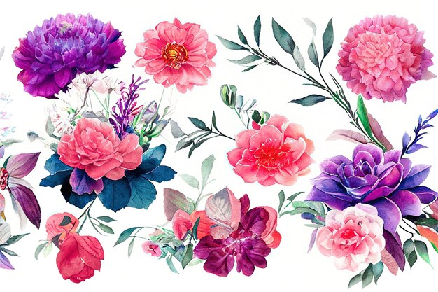 Conjunto de flores acuarela piezas de diseño de obras de arte primavera y verano flor naturaleza en el estilo de acuarela dibujada a mano ilustración de arte digital 3D.